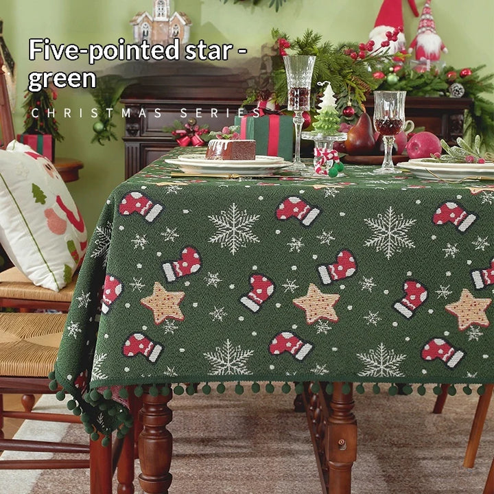 Christmas Tablecloth with Pom-Pom Fringe, Snowflake and Stocking Pattern for Festive Table Decor