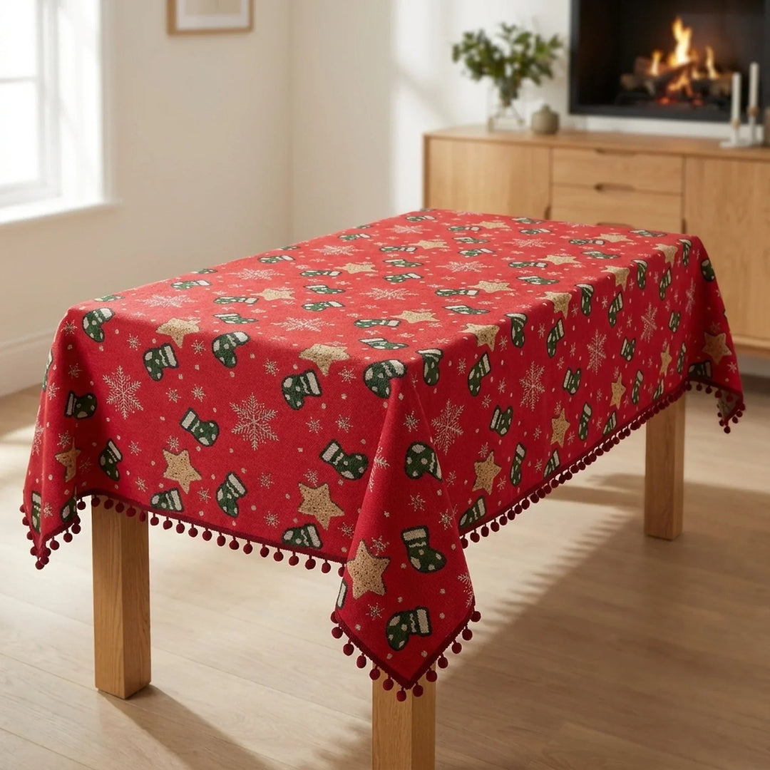 Christmas Tablecloth with Pom-Pom Fringe, Snowflake and Stocking Pattern for Festive Table Decor