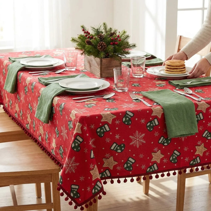 Christmas Tablecloth with Pom-Pom Fringe, Snowflake and Stocking Pattern for Festive Table Decor