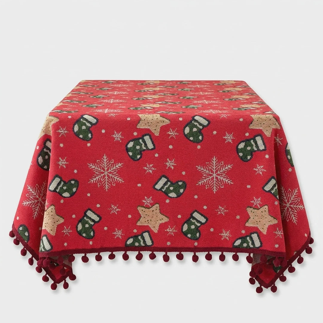 Christmas Tablecloth with Pom-Pom Fringe, Snowflake and Stocking Pattern for Festive Table Decor