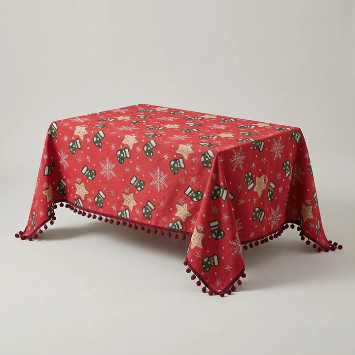 Christmas Tablecloth with Pom-Pom Fringe, Snowflake and Stocking Pattern for Festive Table Decor