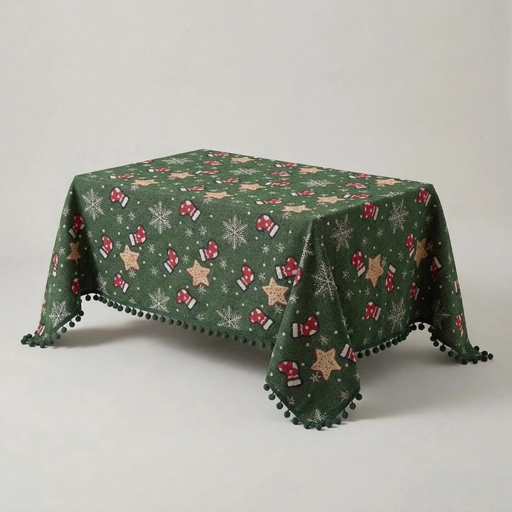 Christmas Tablecloth with Pom-Pom Fringe, Snowflake and Stocking Pattern for Festive Table Decor