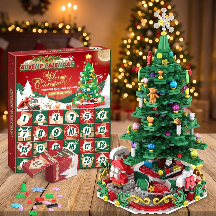 24-Box Building Block Christmas Tree Advent Calendar with String Lights