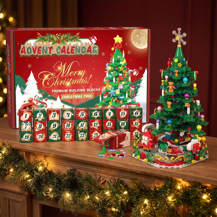 24-Box Building Block Christmas Tree Advent Calendar with String Lights