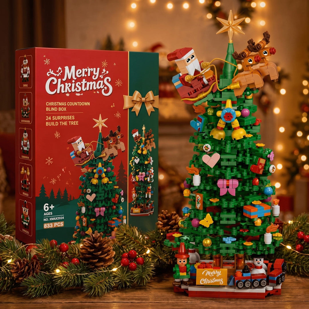 24-Box Christmas Tree Building Block Advent Calendar, 833 Pieces with Santa&