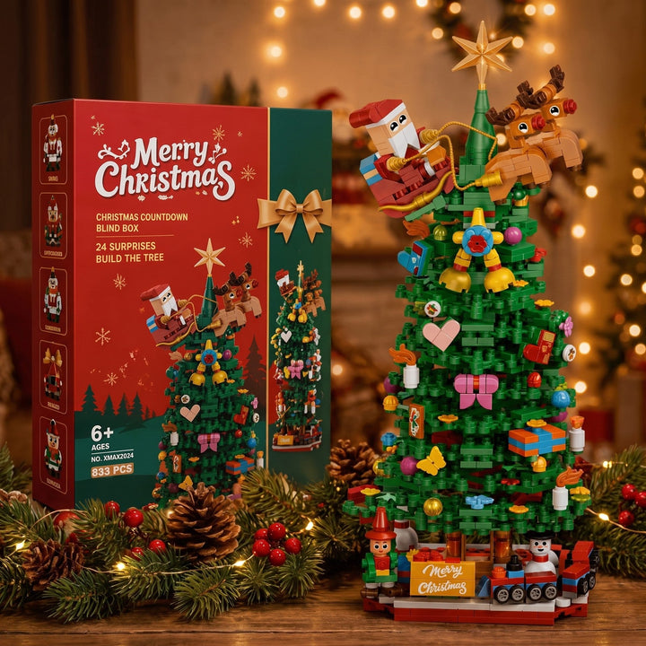 24-Box Christmas Tree Building Block Advent Calendar, 833 Pieces with Santa&