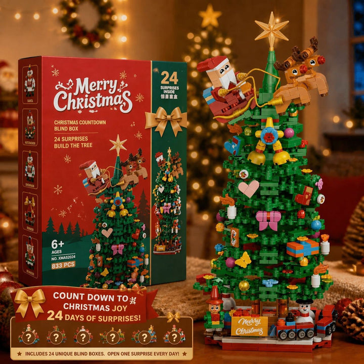 24-Box Christmas Tree Building Block Advent Calendar, 833 Pieces with Santa&