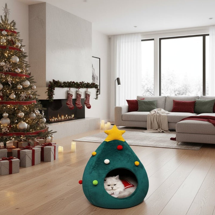 Christmas Tree Cat Bed — Plush Cushioned Feline Lounger