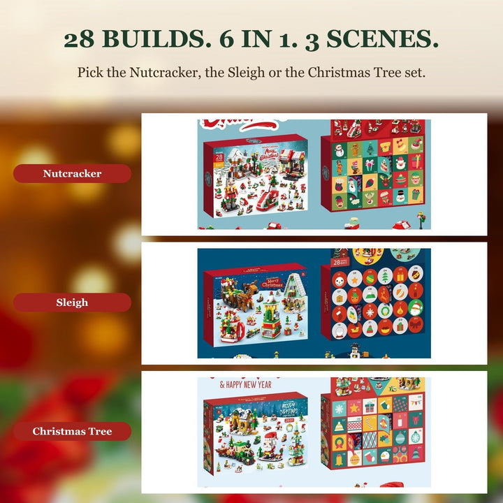 28-Door Christmas Brick Advent Calendar, 6-in-1 Village, Choose Nutcracker, Sleigh or Tree