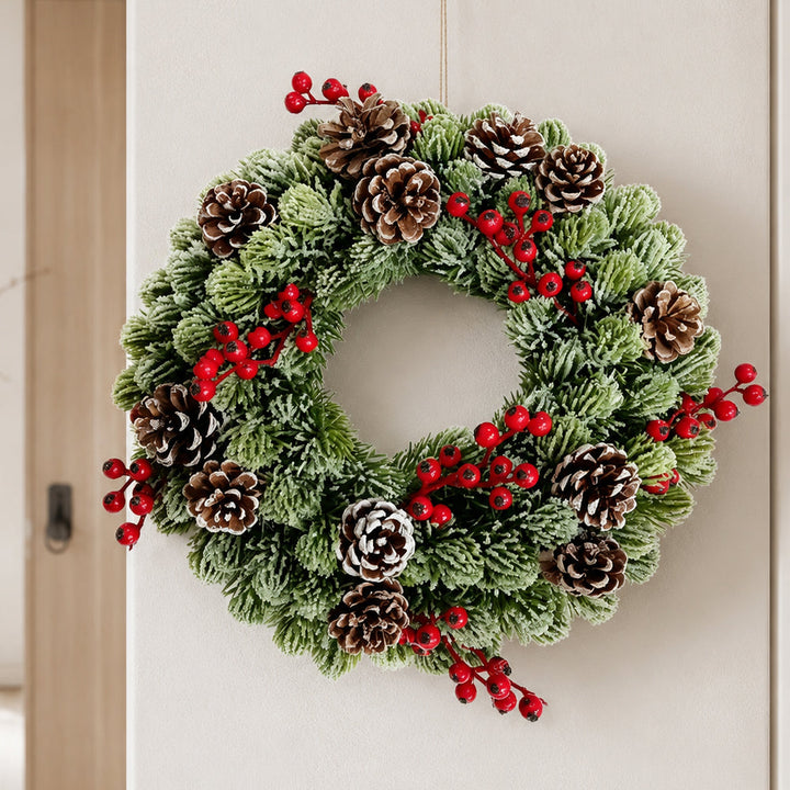 Christmas Wreath 33 cm – Snow Effect, Red Berries and Pinecones