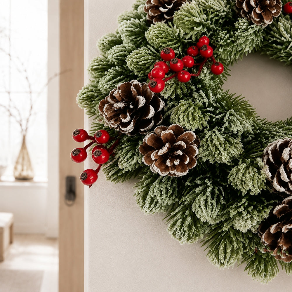 Christmas Wreath 33 cm – Snow Effect, Red Berries and Pinecones