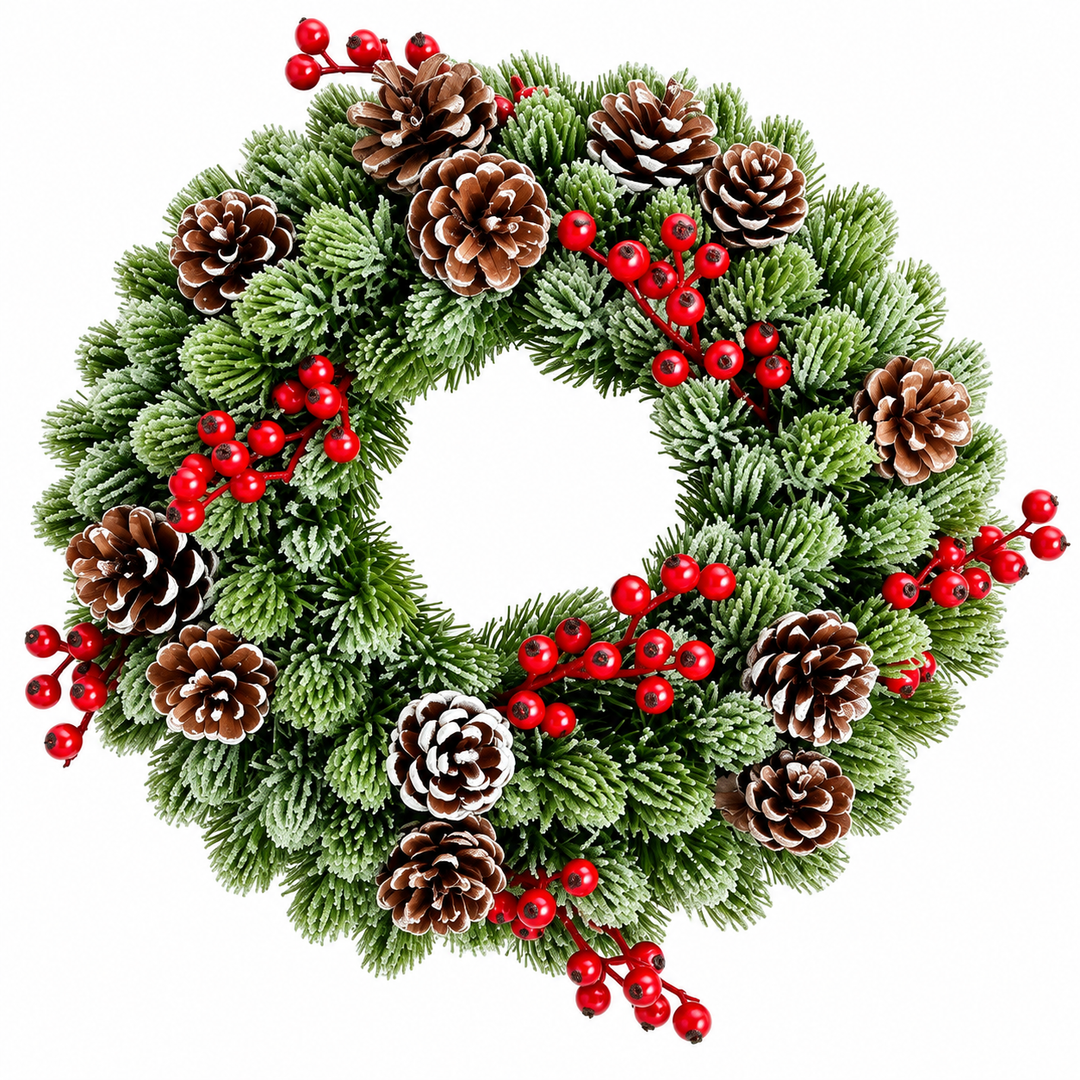 Christmas Wreath 33 cm – Snow Effect, Red Berries and Pinecones