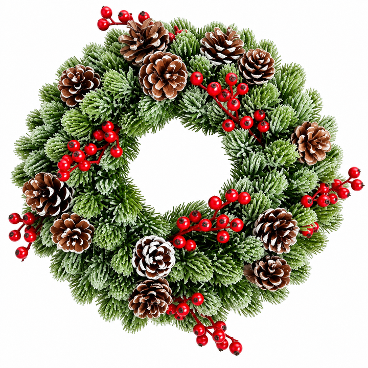 Christmas Wreath 33 cm – Snow Effect, Red Berries and Pinecones
