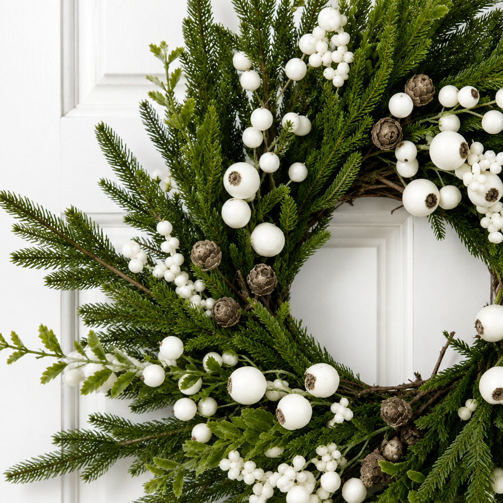 Christmas Wreath - Lifelike Green with White Berries - 50 cm
