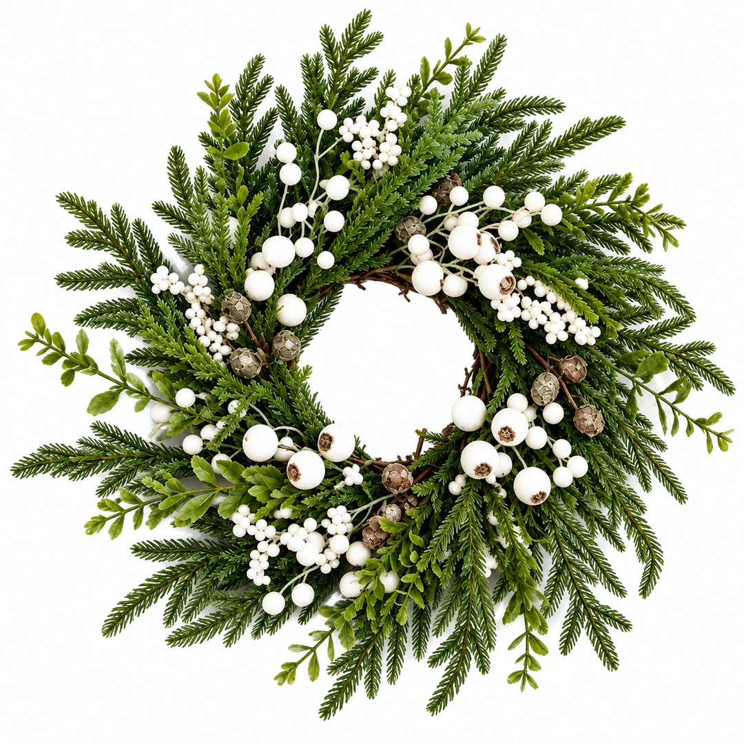 Christmas Wreath - Lifelike Green with White Berries - 50 cm