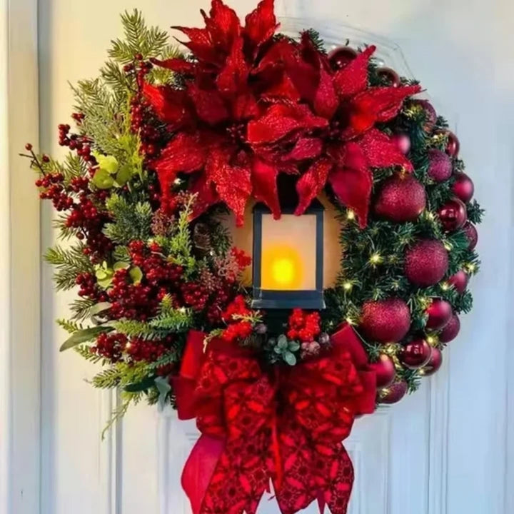Christmas Wreath with Gold Baubles, Berries and Lights