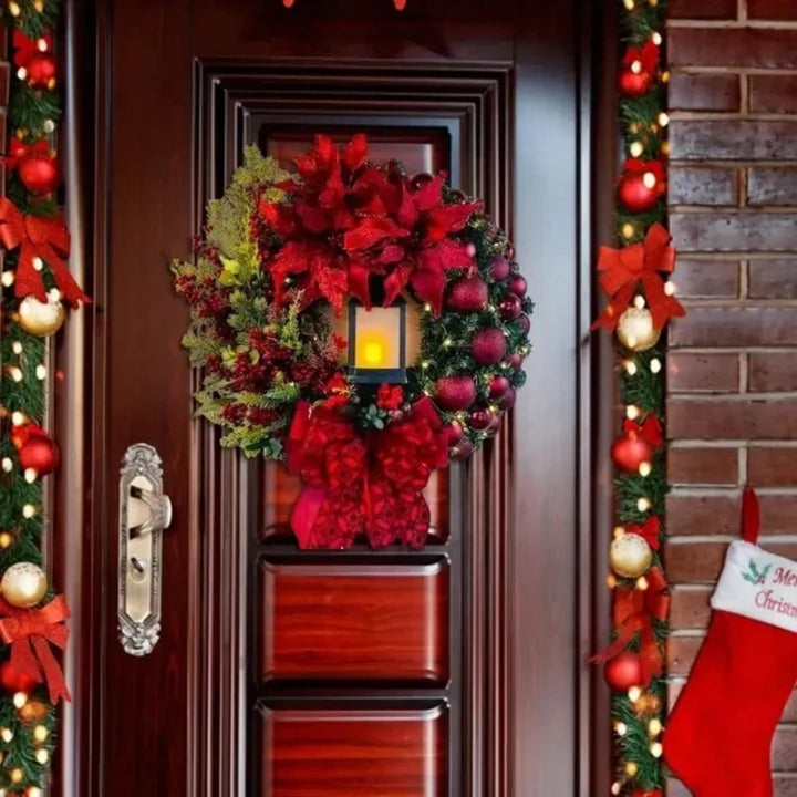 Christmas Wreath with Gold Baubles, Berries and Lights