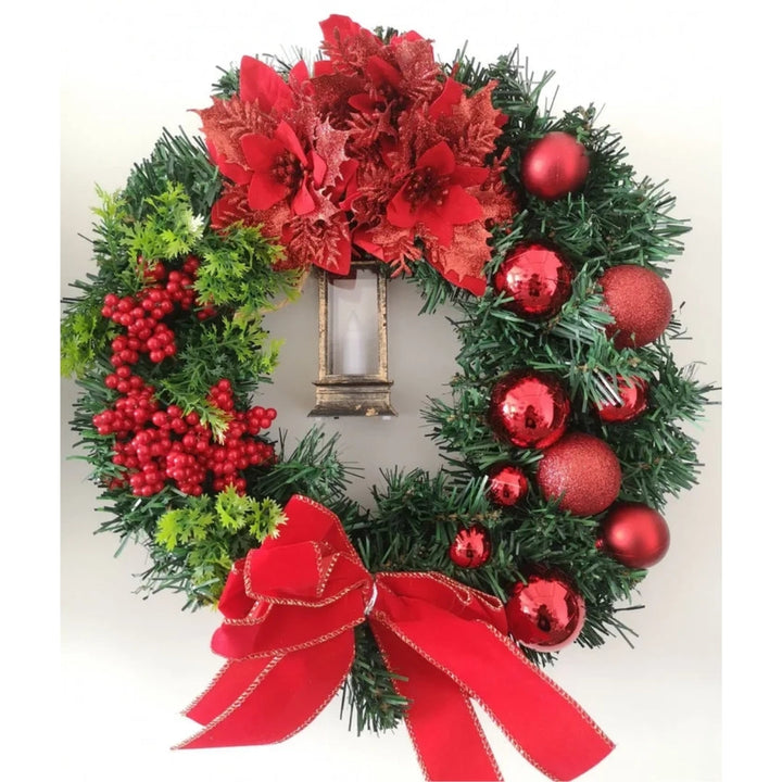 Christmas Wreath with Gold Baubles, Berries and Lights