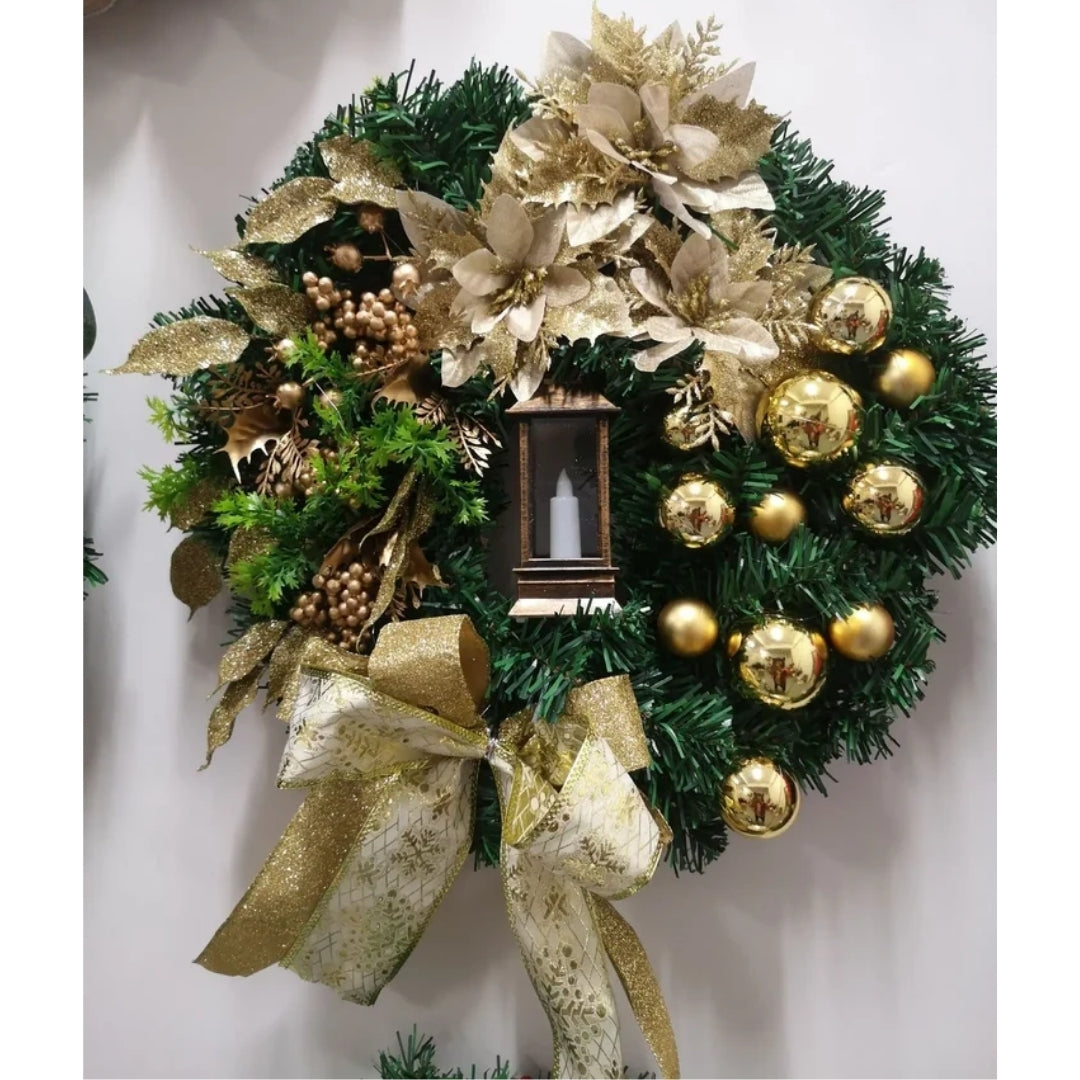 Christmas Wreath with Gold Baubles, Berries and Lights