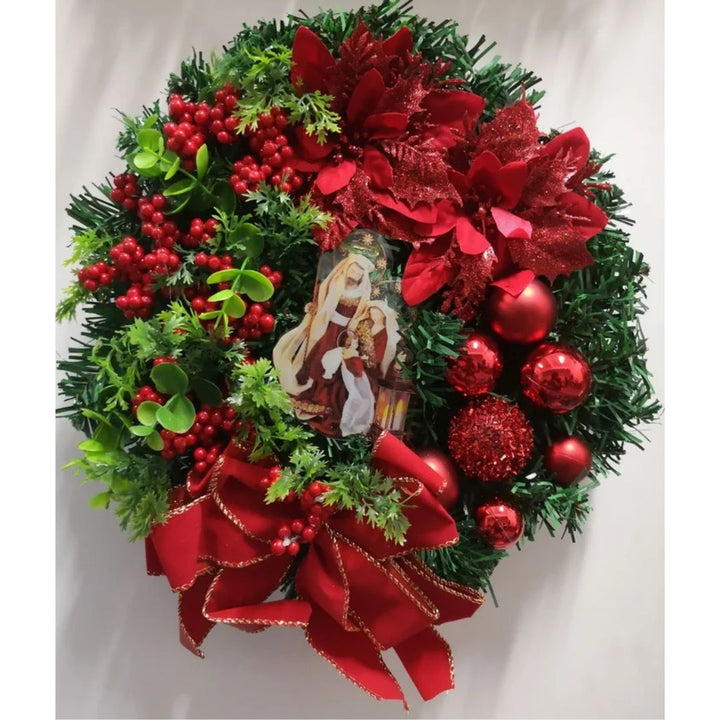 Christmas Wreath with Gold Baubles, Berries and Lights