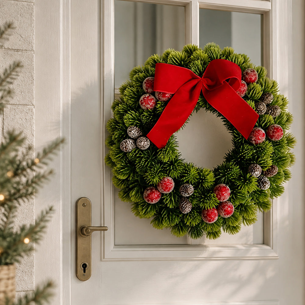 Christmas Wreath with Red Berries, Pine Cones and Bow