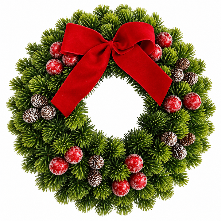 Christmas Wreath with Red Berries, Pine Cones and Bow