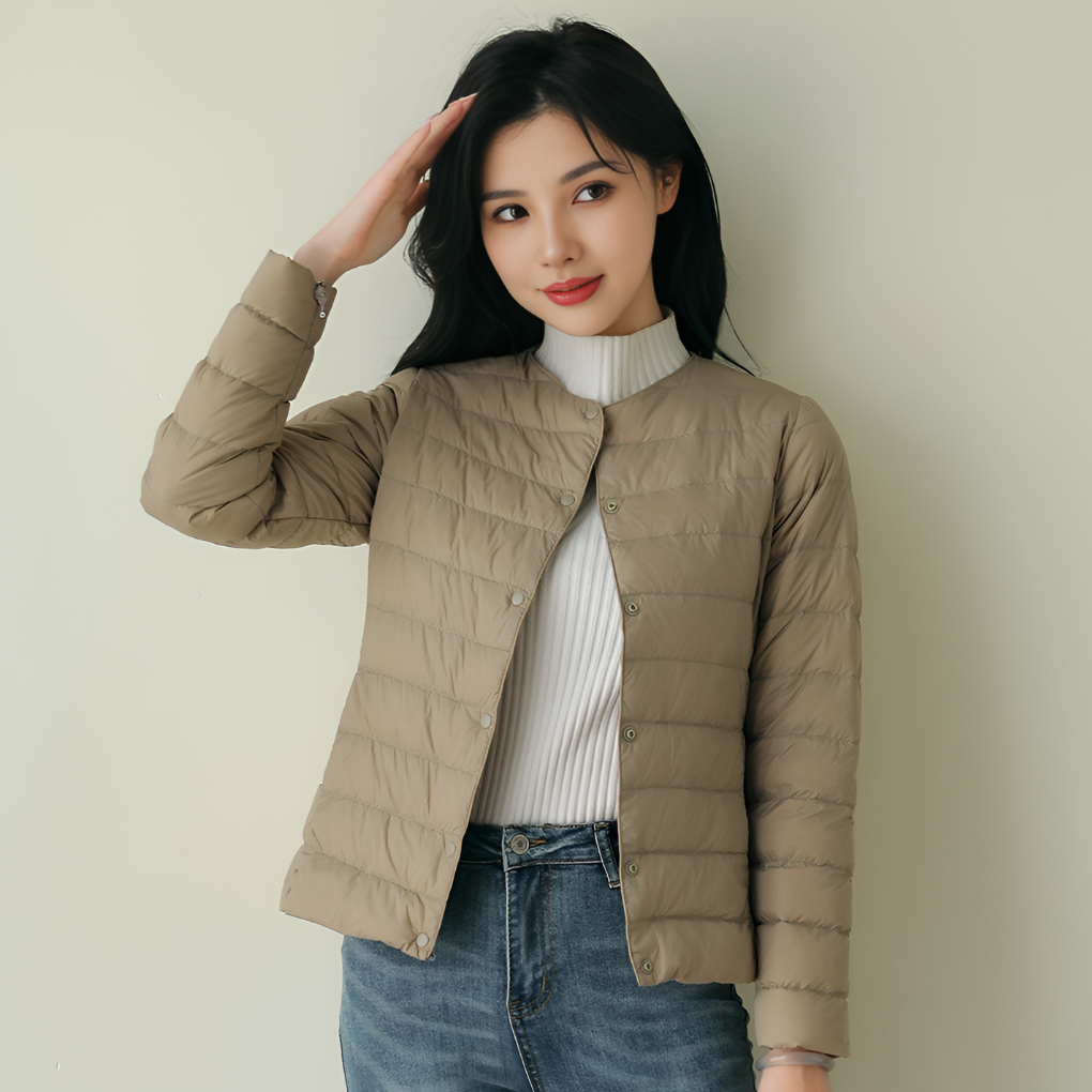Collarless Packable Puffer Jacket for Spring and Winter