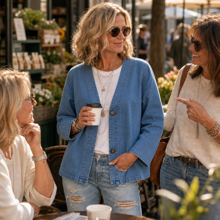 Collarless Soft Denim-Look Button-Down Cardigan