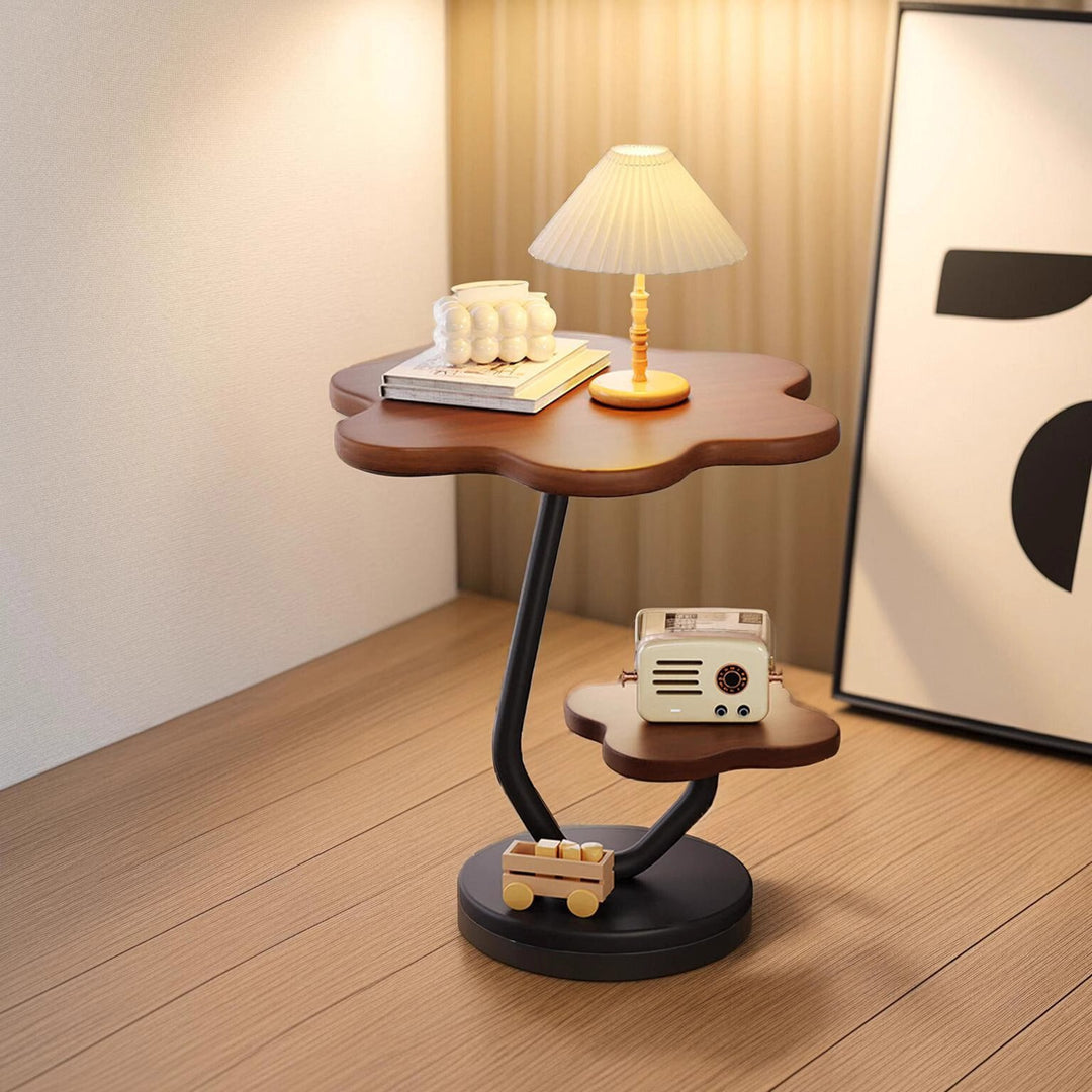Contemporary Floral-Shaped 2-Tier MDF and Carbon Steel Living Room Side Table