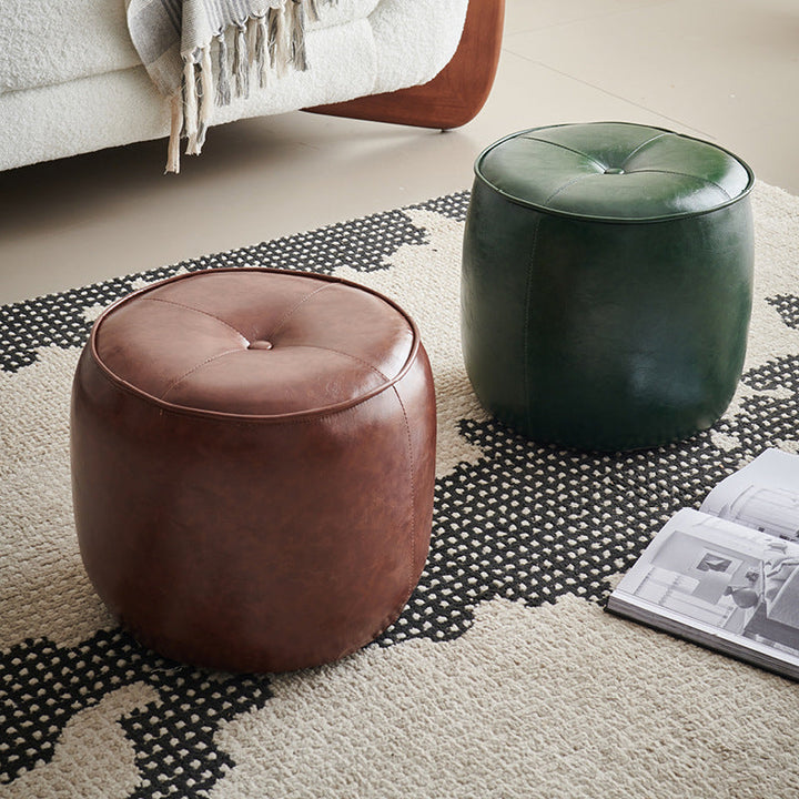 Contemporary Retro Round Faux Leather and Rubberwood Stackable Button Footstool for Living Room and Entryway