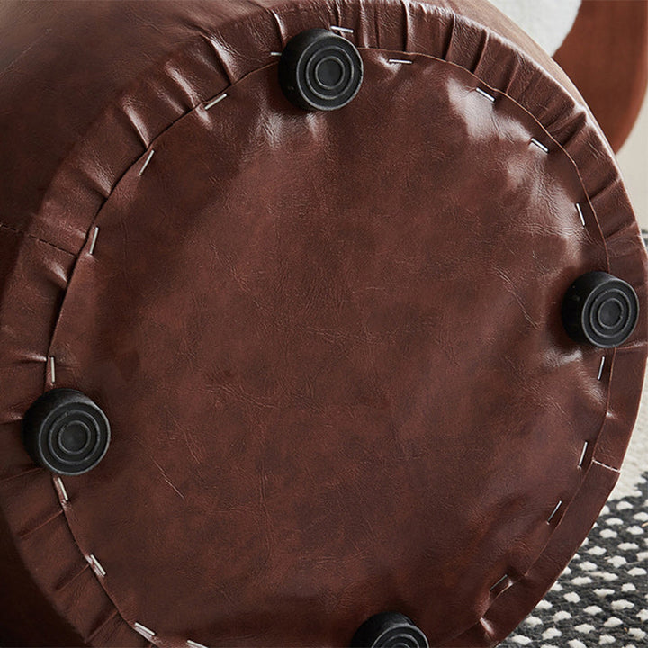Contemporary Retro Round Faux Leather and Rubberwood Stackable Button Footstool for Living Room and Entryway
