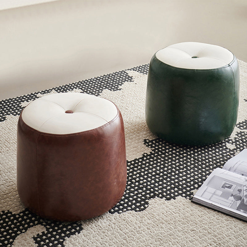 Contemporary Retro Round Faux Leather and Rubberwood Stackable Button Footstool for Living Room and Entryway