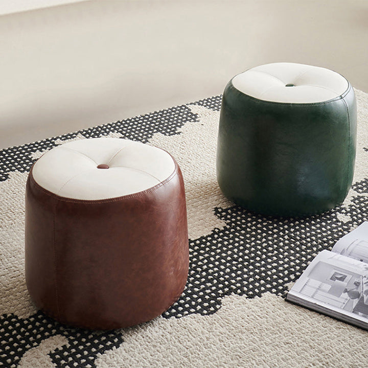 Contemporary Retro Round Faux Leather and Rubberwood Stackable Button Footstool for Living Room and Entryway