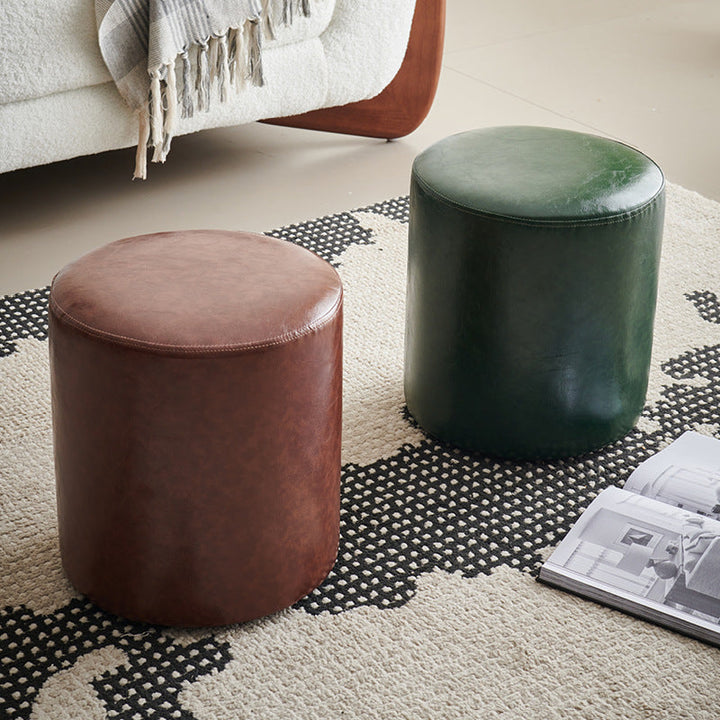 Contemporary Retro Round Faux Leather and Rubberwood Stackable Button Footstool for Living Room and Entryway