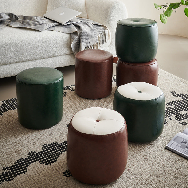 Contemporary Retro Round Faux Leather and Rubberwood Stackable Button Footstool for Living Room and Entryway
