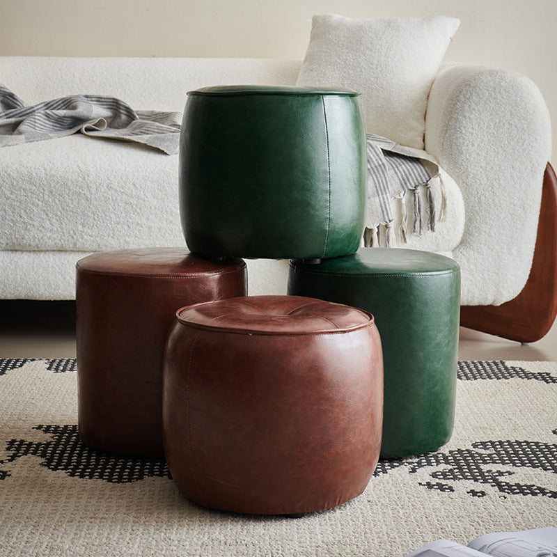 Contemporary Retro Round Faux Leather and Rubberwood Stackable Button Footstool for Living Room and Entryway