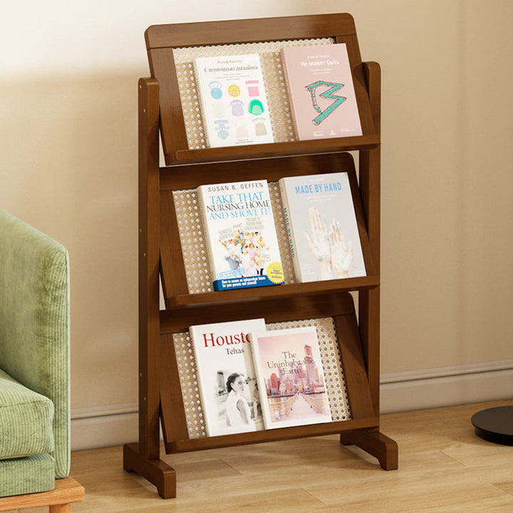 Contemporary Simple 3-Tier Slanted Bamboo and Woven Synthetic Rattan Bookshelf for Living Room