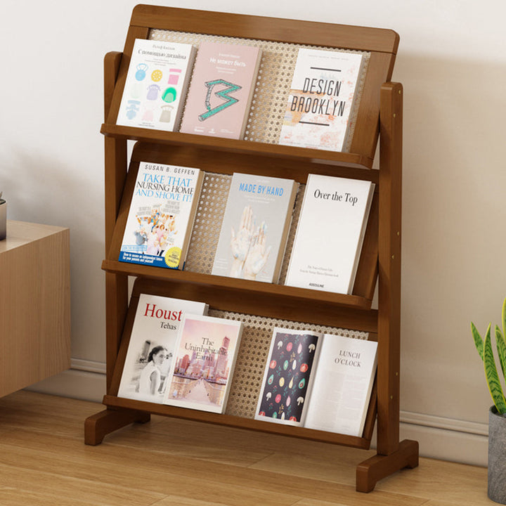 Contemporary Simple 3-Tier Slanted Bamboo and Woven Synthetic Rattan Bookshelf for Living Room