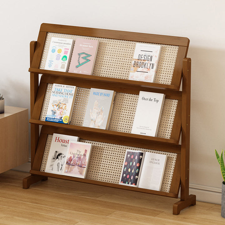 Contemporary Simple 3-Tier Slanted Bamboo and Woven Synthetic Rattan Bookshelf for Living Room