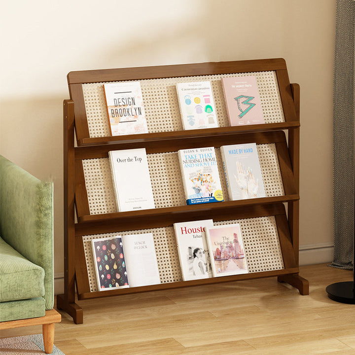 Contemporary Simple 3-Tier Slanted Bamboo and Woven Synthetic Rattan Bookshelf for Living Room