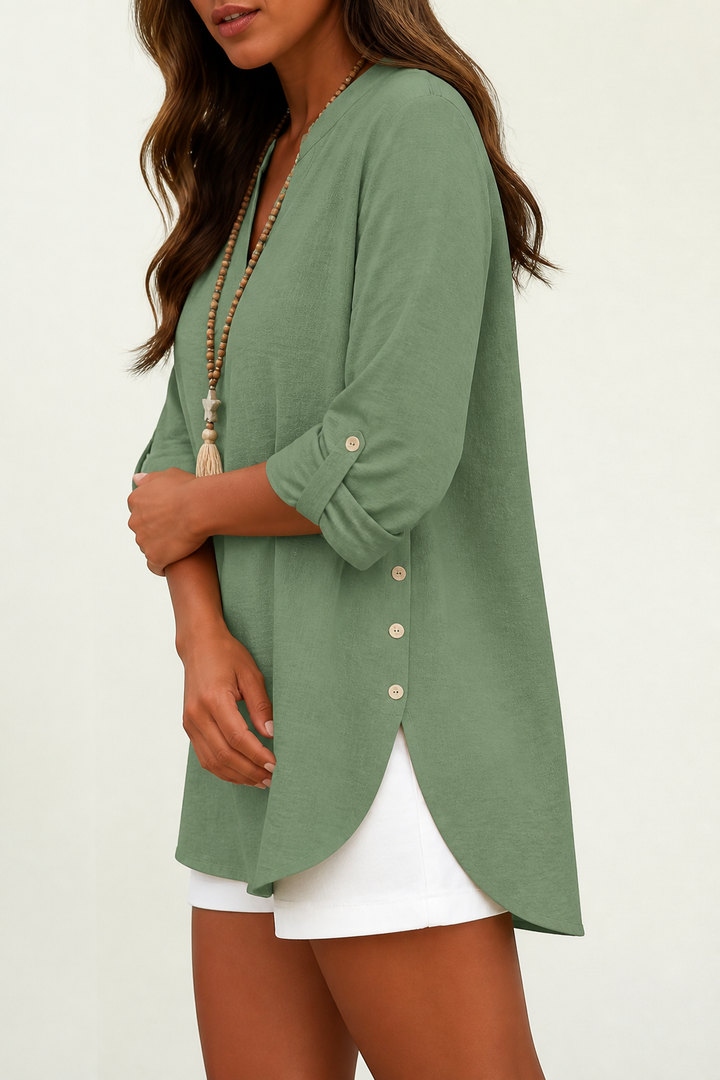 Convertible Sleeve V-Neck Side-Button Top
