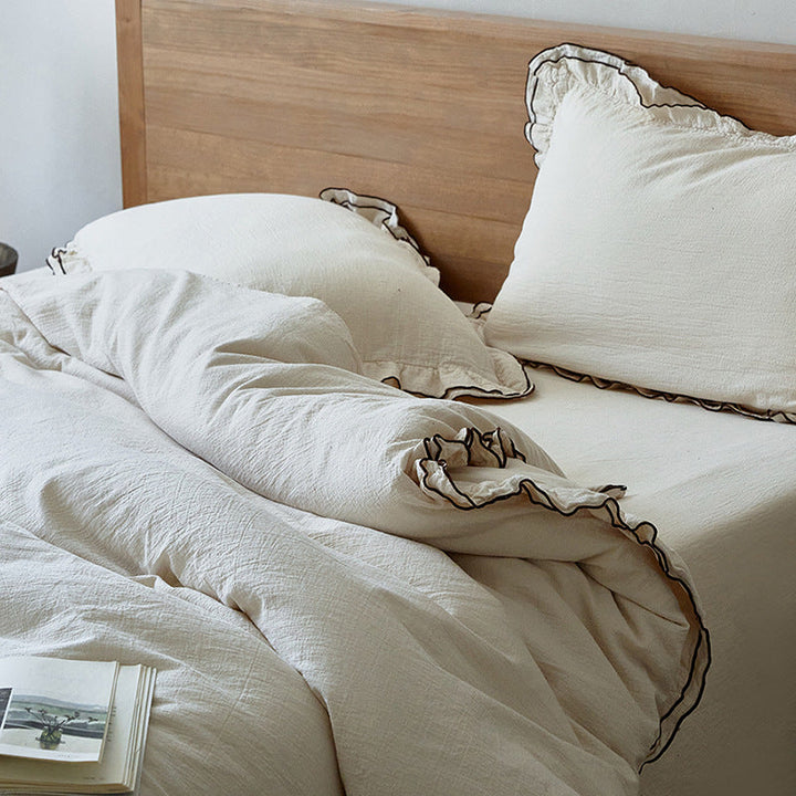 Cotton-Linen Bedding Set with Gathered Ruffle and Contrast Piping
