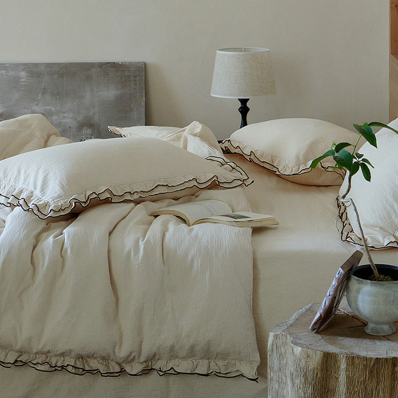Cotton-Linen Bedding Set with Gathered Ruffle and Contrast Piping