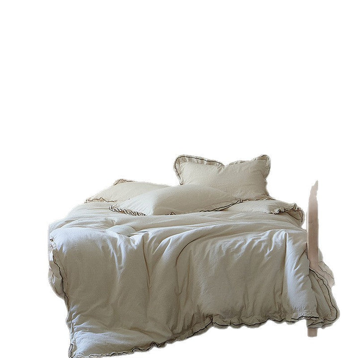 Cotton-Linen Bedding Set with Gathered Ruffle and Contrast Piping