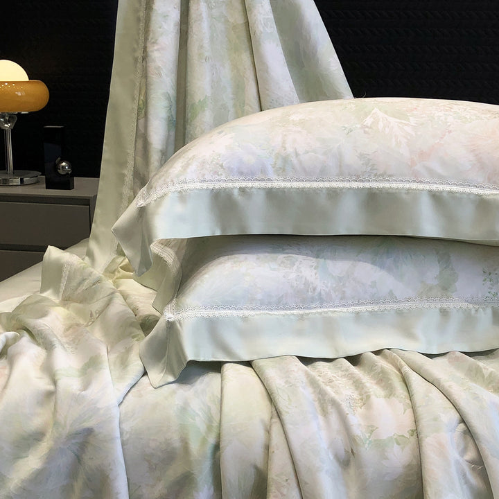 Cotton Sateen Pillowcase Set with Delicate Lace Trim and Satin Piping