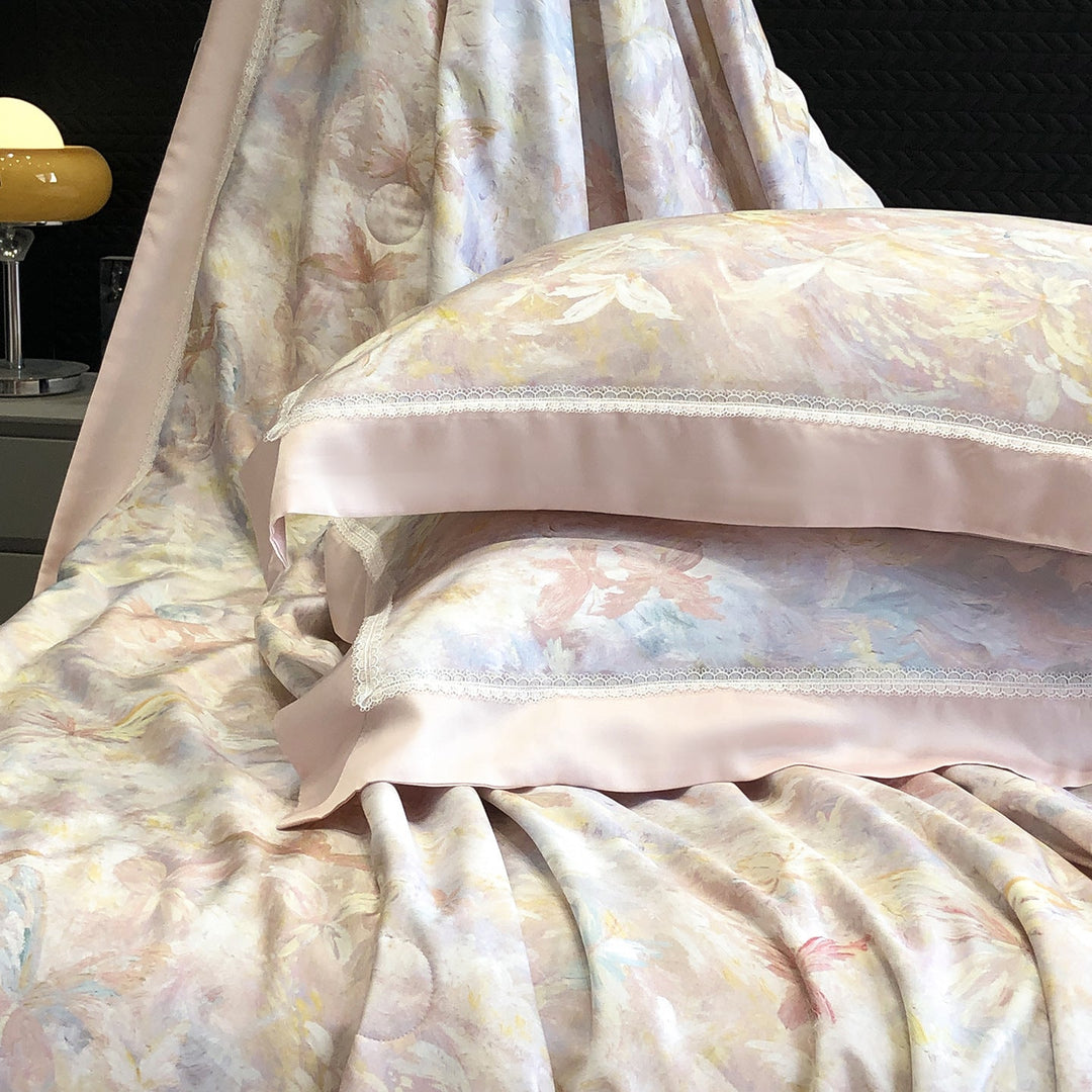 Cotton Sateen Pillowcase Set with Delicate Lace Trim and Satin Piping