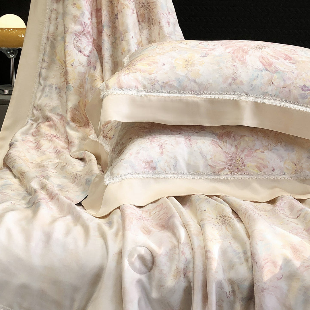 Cotton Sateen Pillowcase Set with Delicate Lace Trim and Satin Piping
