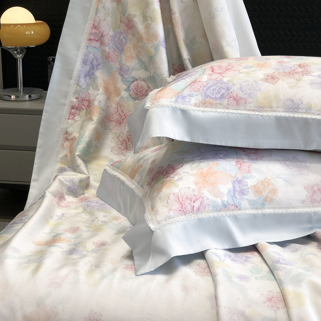 Cotton Sateen Pillowcase Set with Delicate Lace Trim and Satin Piping