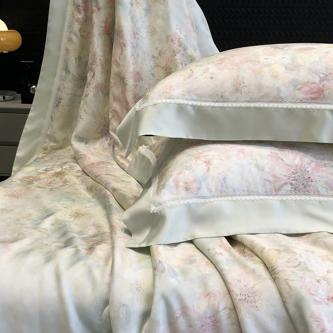 Cotton Sateen Pillowcase Set with Delicate Lace Trim and Satin Piping
