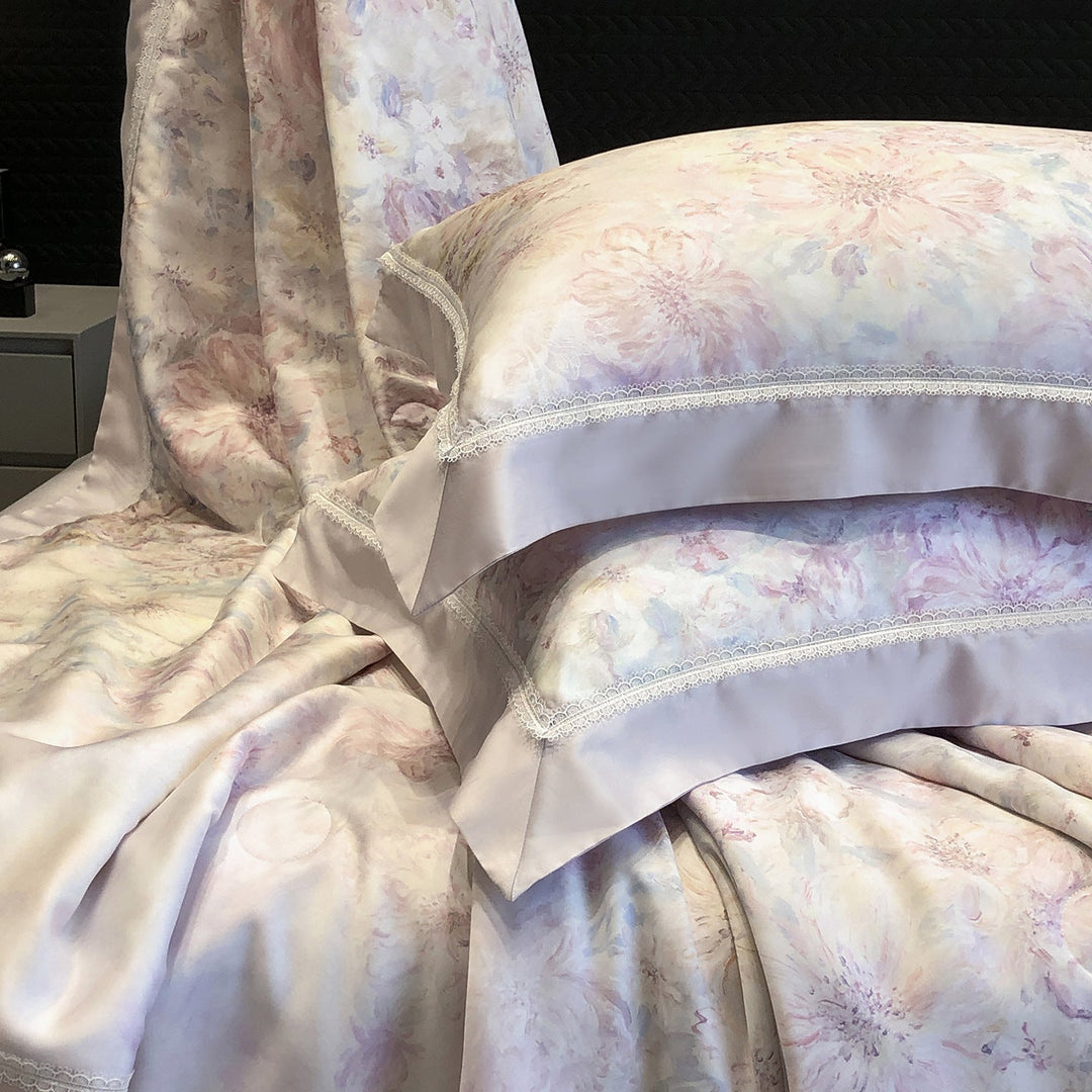 Cotton Sateen Pillowcase Set with Delicate Lace Trim and Satin Piping